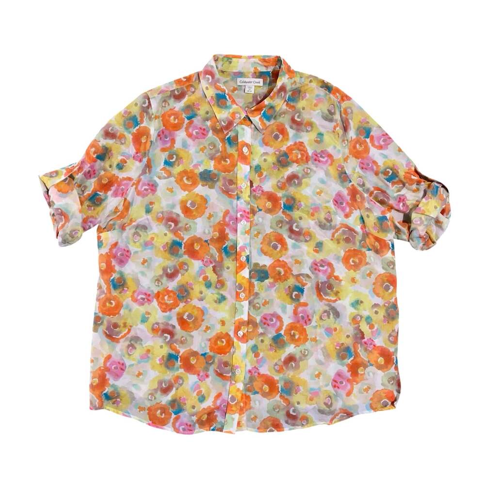 Coldwater Creek Button Up Blouse Plus 2X Colorful Silk Blend Floral Feminine